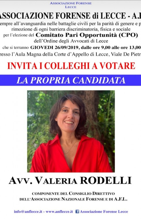 AFL è presente anche per il prossimo quadriennio con l'avv. Valeria Rodelli nel Comitato Pari Opportunità presso l'Ordine degli Avvocati di Lecce