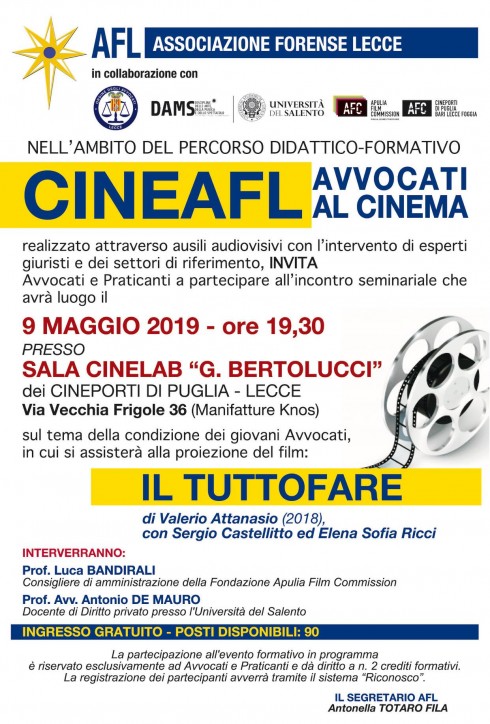 CineAFL - Avvocati al cinema 9.05.2019. Film "Il Tuttofare". La condizione dei Praticanti e dei giovani Avvocati.